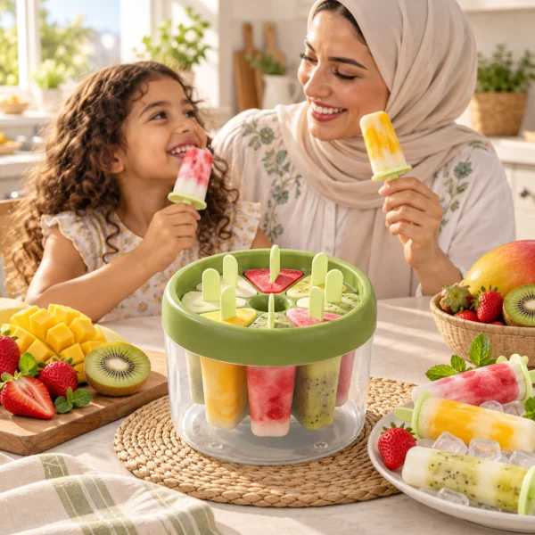 أم وطفلتها تستمتعان بآيس بوب منزلي بجوار قالب الثماني خانات